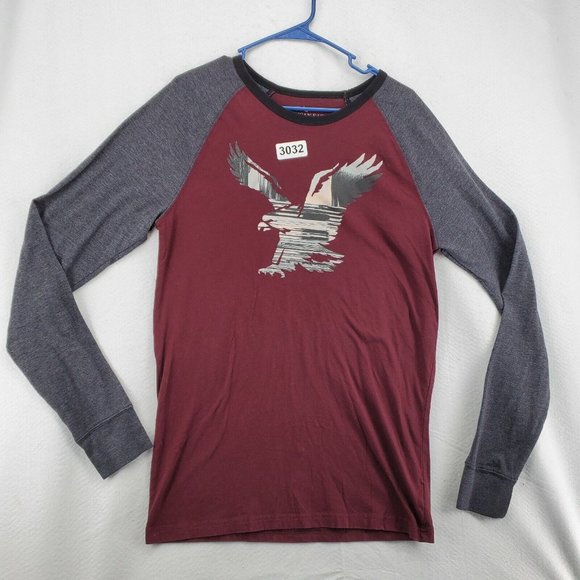 AMERICAN EAGLE Shirt Men's Long Sleeve Crew Neck Pullover Tee Red Gray Medium - Picture 2 of 12